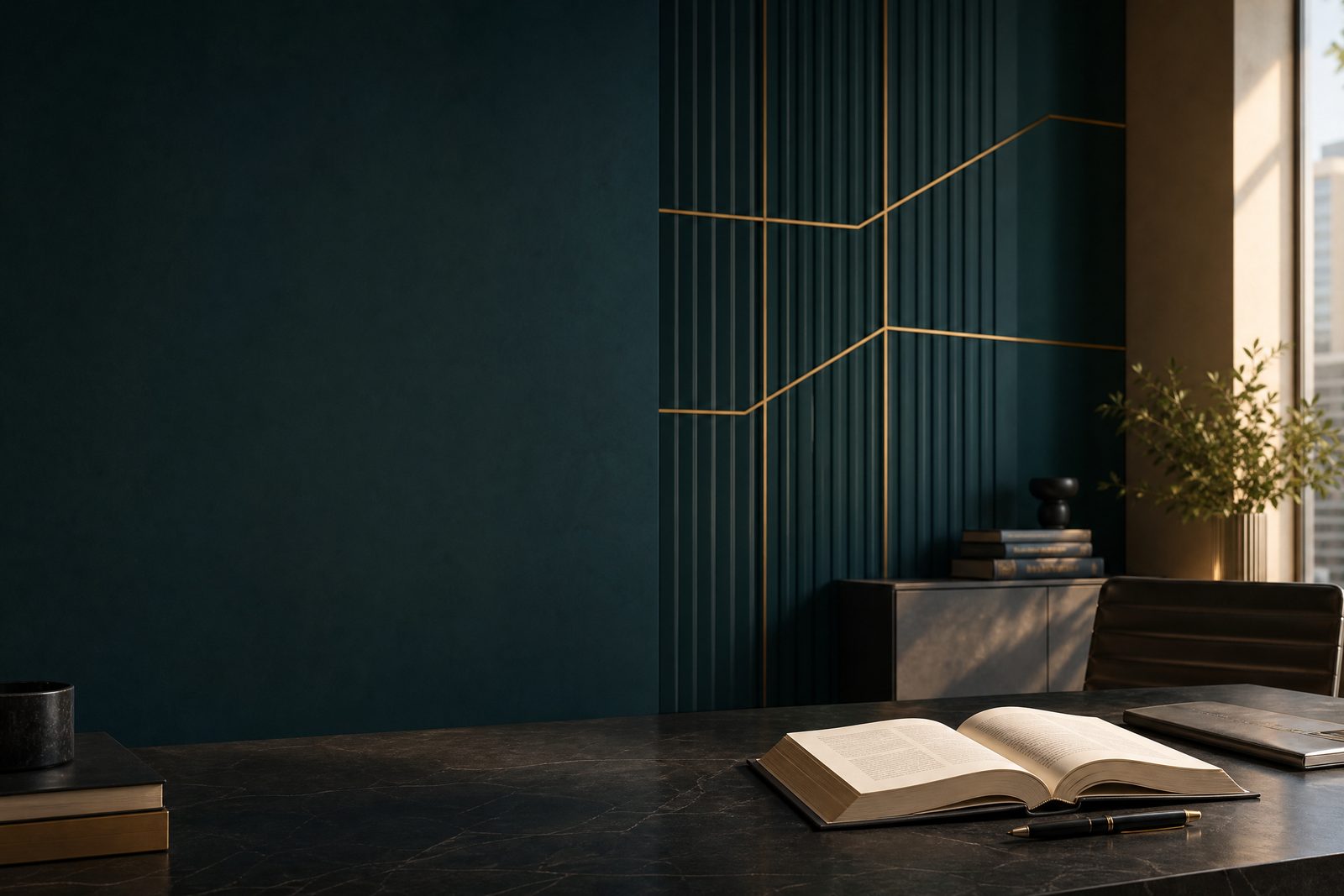 Ambiente contemporâneo de trabalho jurídico com livro aberto e linhas douradas